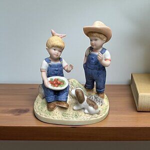 Homco 1985 Denim Days Debbie Danny Puppy Dog Apples Porcelain Figurine
